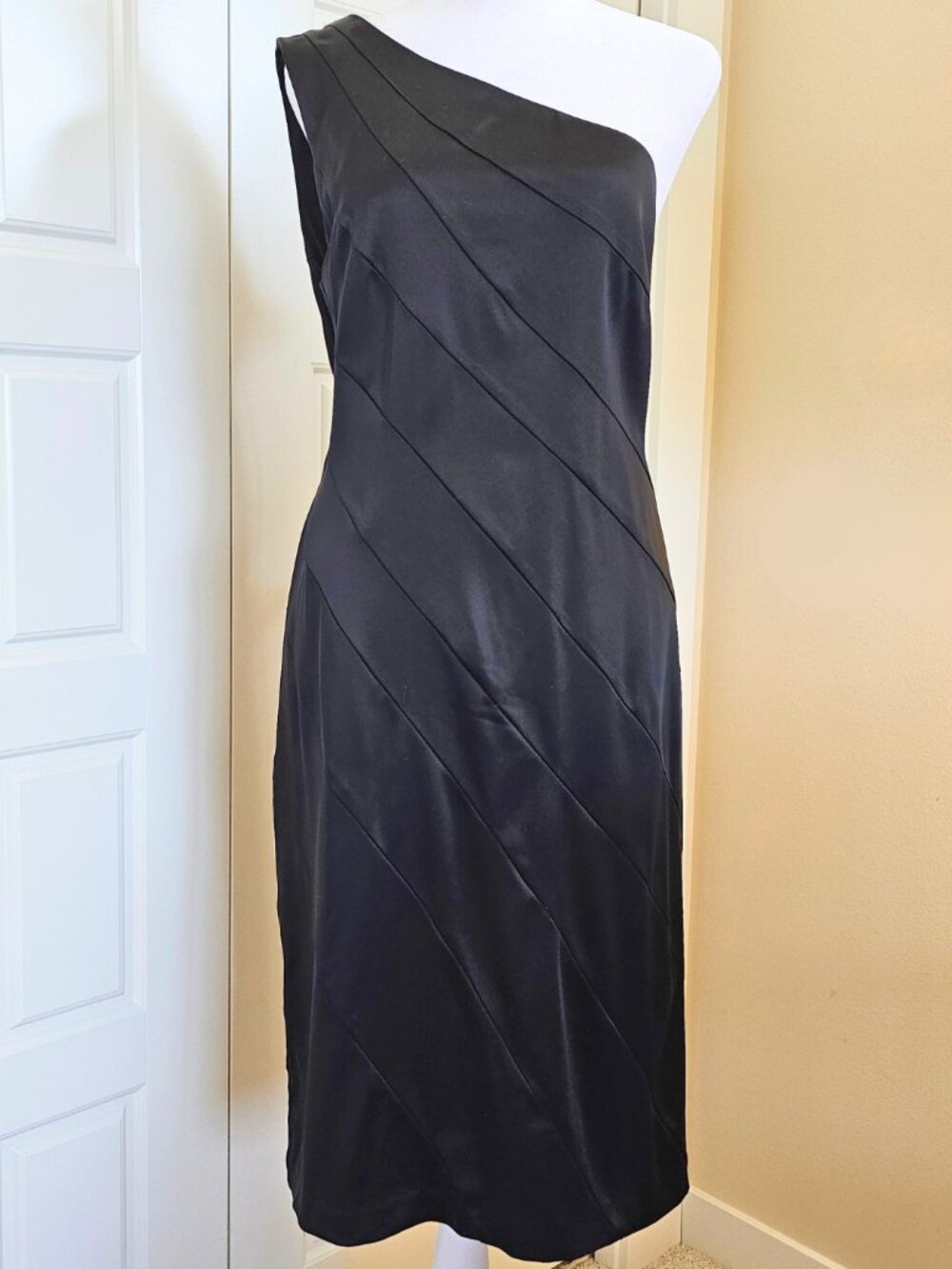 Calvin Klein Black One Shoulder Satin Cocktail Dress Size 14